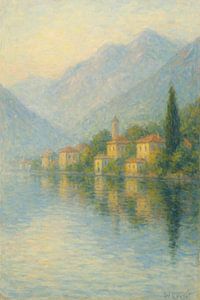 Italiaanse meren Cipressen & Waterreflectie – Monet-stijl Sereniteit Kunst