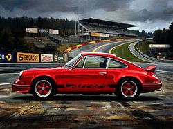 Œuvre d'art représentant une Porsche 911 Carrera rouge de course