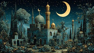 Dreamy Ramadan Scene with Lanterns and Crescent Moon in Surreal Illustration by Aden Pink Studio