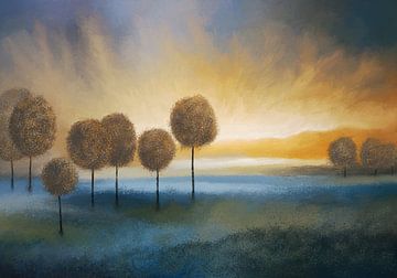 Gouden Dageraad - Schilderij van een sereen landschap van Frankie Soldado