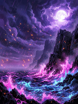 Stormy Ocean Waves Bioluminescent Sea Full Moon Cliff Fantasy Landscape Illustration