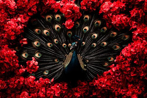 Pauw met levendige rode bloemen