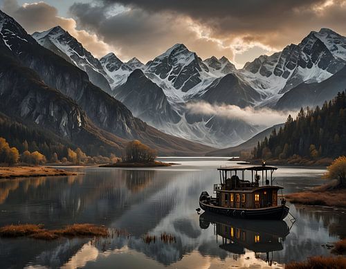 Houseboat in a Norwegian fjord, autumn atmosphere