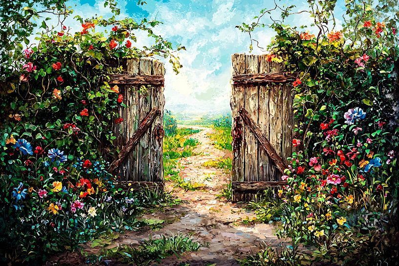 Atmosphärisches Gartentor mit Blumen von Art & Soul Creations