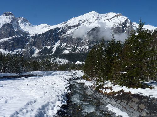 Beek in besneeuwd berglandschap