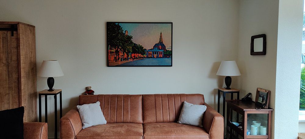 Kleurrijk schilderij van Groningen: Vismarkt en Aa-kerk op Zomeravond van Slimme Kunst.nl