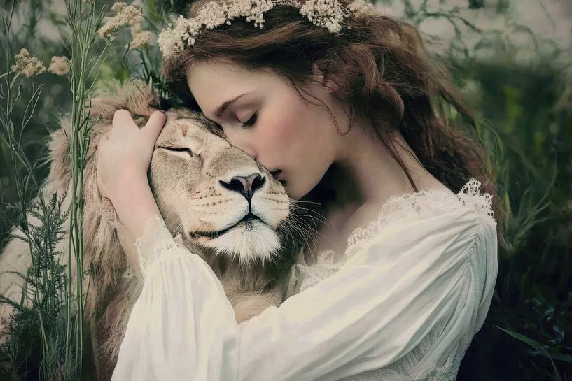 Beautiful young woman with a lion - Whispers of the Wild by Joriali photography and paintings