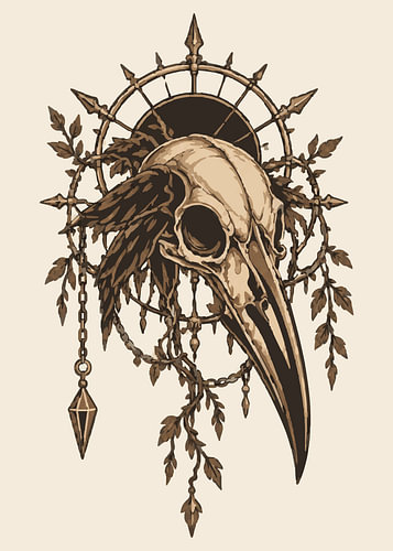 Crâne de corbeau gothique et motifs botaniques