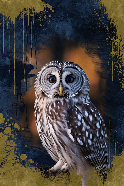 Kunstvolle Eule in Blau und Gelb von Imperial Art House