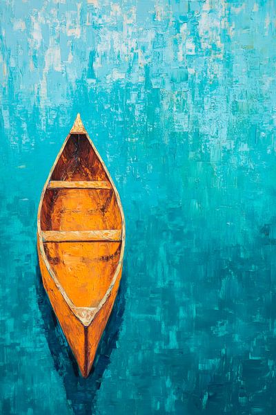 Lonely boat on blue water - Abstract by Poster Art Shop