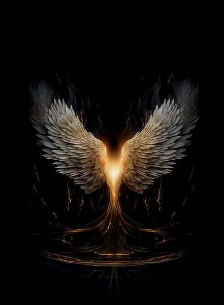 ailes d'ange imposantes avec éléments de feu de l'enfer dorés par Margriet Hulsker