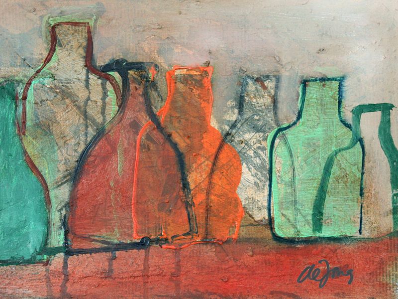 Bottles with orange and green by Leo de Jong