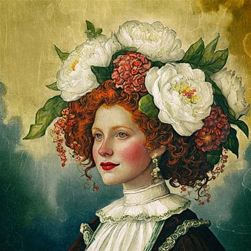 Klassieke vrouw met pioenrozen in het haar van Pieternel Fotografie en Digitale kunst