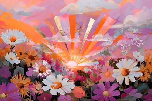 Bright sunrise in a sea of flowers