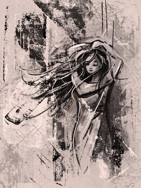 Charcoal woman in the wind by Emiel de Lange