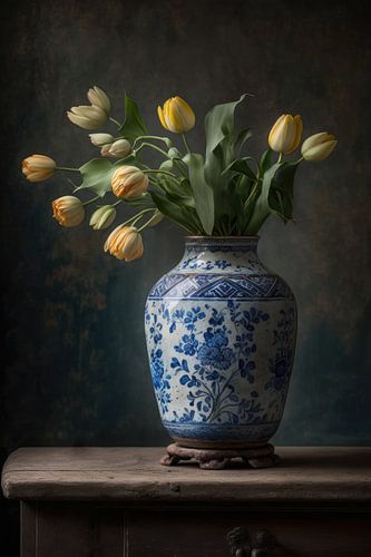 Stilleven | Blauwe hollandse vaas met tulpen