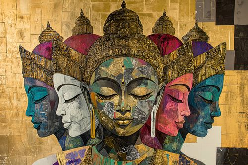 Vijf Heads Of Boeddha In Kleurvolle Harmonie