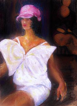 Frau in Weiß mit rosa Mütze. Handbemalt. von Ineke de Rijk