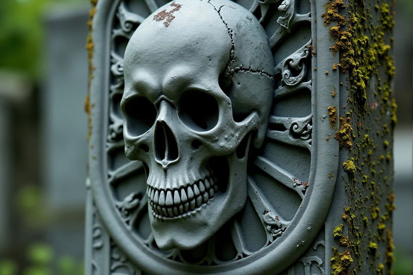 Grafsteen van grijze steen met gebeeldhouwde schedel van Markus Gann