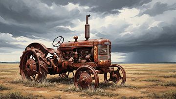 Rostiger Traktor im Feld unter stürmischem Himmel von Markus Gann
