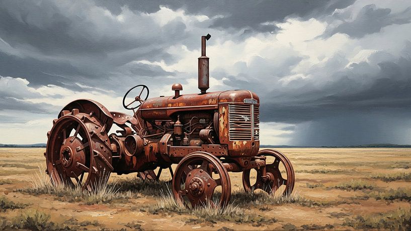 Rusty Tractor in Field Under Stormy Sky by Markus Gann