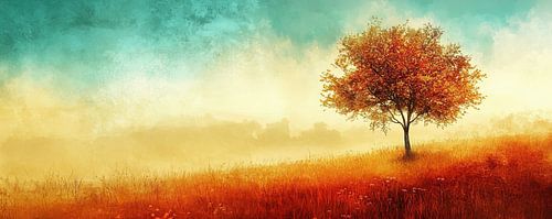 Paysage d'automne | Paysage avec arbre orange et ciel bleu