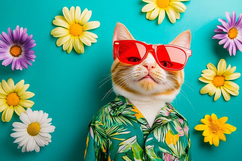 Chat stylé avec lunettes de soleil et fleurs par Poster Art Shop