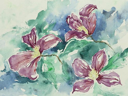 Modern purple flowers (loosely hand-painted watercolour painting nature abstract pretty blue