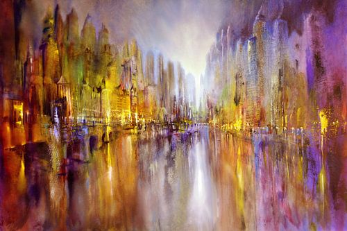 Stadt am Fluss: Phantasie in Gold und Violett