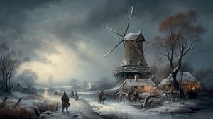 Niederländische Winterlandschaft mit Windmühle