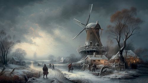 Hollands winterlandschap schilderij met molen