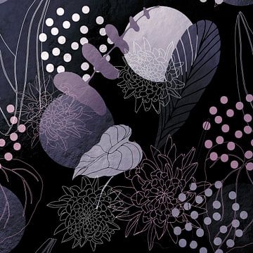 Paarse Nacht Botanische Vibes met Manen, Bloemen en Bladeren. Lila, zilveren en zwarte kleuren van Dina Dankers
