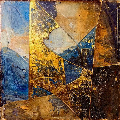 Abstraktes industrielles Gemälde mit Gold und Tiefblau