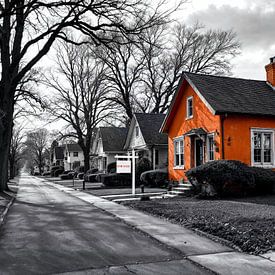 Zwart-wit Fotokunst met Oranje Huis en ‘For Sale’-Bord. Voor Makelaars van Basahen