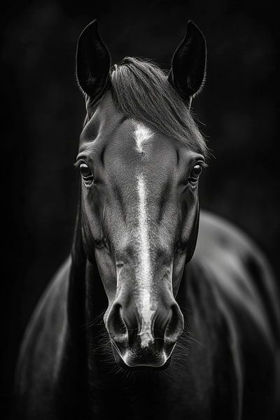 Zwart paard in zwart en wit van Poster Art Shop