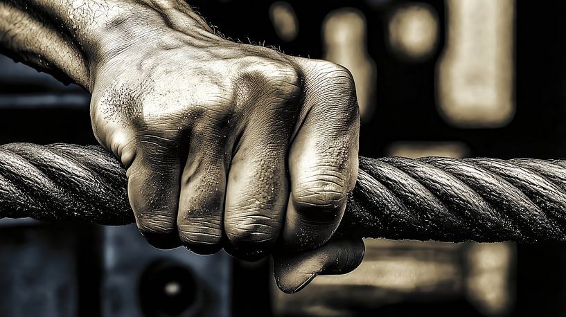 Strong hand grips steel cable by Frank Heinz