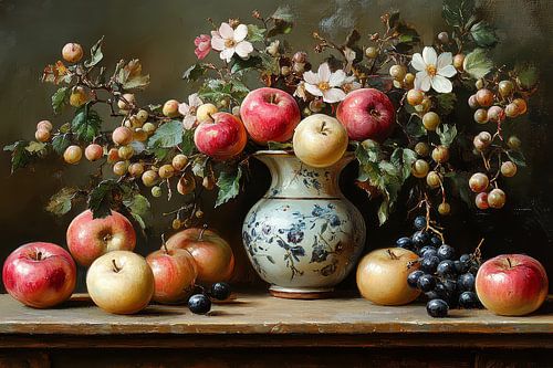 schilderachtig stilleven met bloemen en fruit