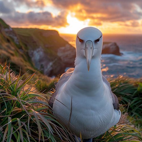 Un albatros sur une falaise herbeuse au coucher du soleil