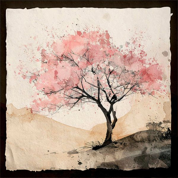 Japandi Art: Minimalistische Landschaft mit Apfelblüte von Studio Pieternel