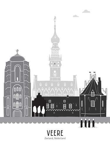 Skyline illustratie stad Veere zwart-wit-grijs