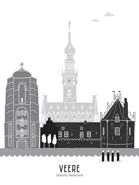 Skyline illustration city of Veere black-white-grey by Mevrouw Emmer