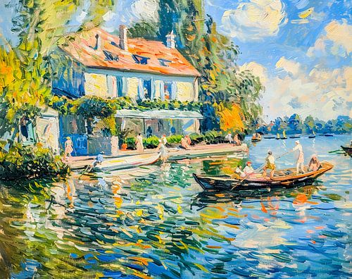 Maison au bord du lac avec un bateau