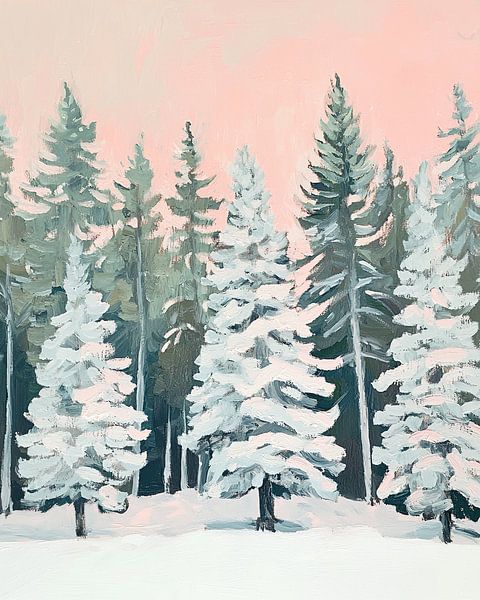 Winter forest | Pink Winter sky by Wonderful Art