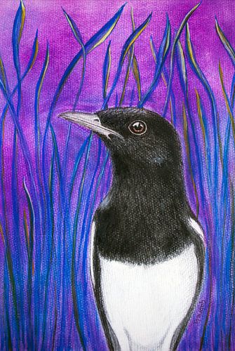 Elster mit lila Himmel und blauen Blumen