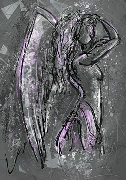 Engel in grijs en roze - abstract mixed media kunstwerk van Emiel de Lange