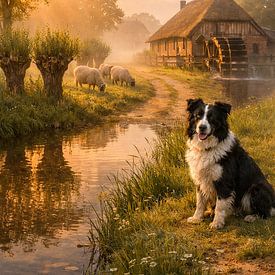 Schafe und Hund bei einer alten Wassermühle von Digital Picture Art