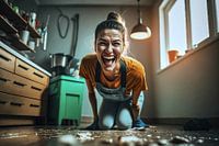 Young woman in kitchen: Laughing on the floor