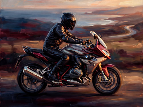 Une BMW R 1300 RS sur une route côtière au coucher du soleil