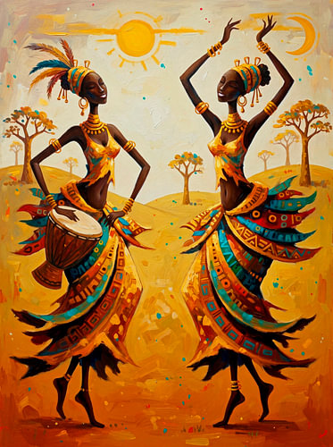 African women dancing with djembes