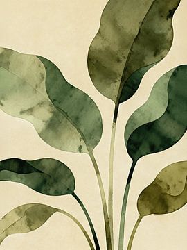 JAPANDI Watercolor Tropical Leaves - Minimalist Sage Green Botanical Abstract by Minggu Galeri